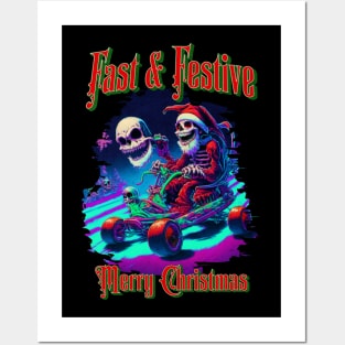 Fast & Festive Merry Christmas Skull Skeleton Go Kart Racing Funny Posters and Art